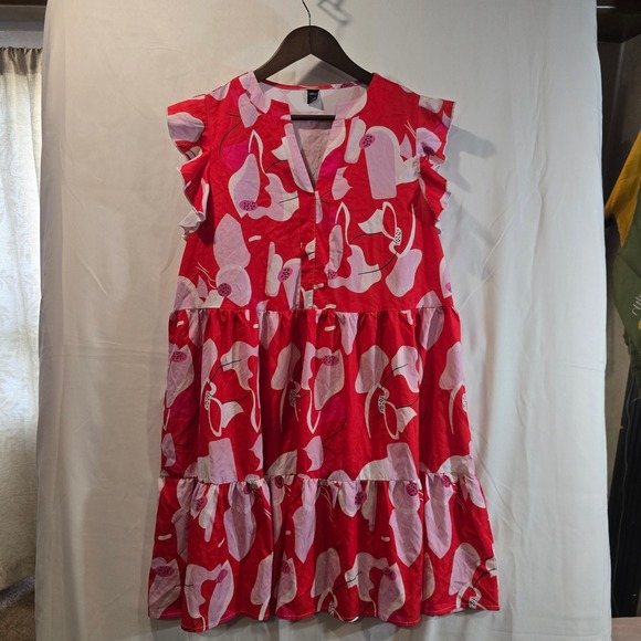 LONESS Dresses & Skirts - LONESS Women Red Pink Floral Tiered Ruffle Sleeve V Neck Midi Dress XL